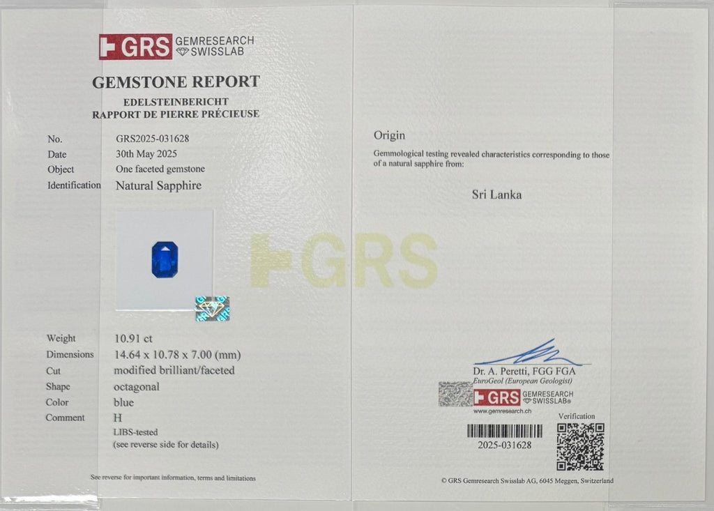 Natural Blue Sapphire – 10.90 Carats - GRS Certified - (H)