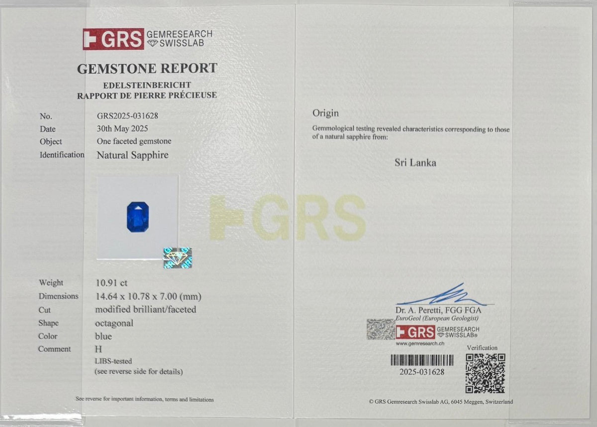 Natural Blue Sapphire – 10.90 Carats - GRS Certified - (H)