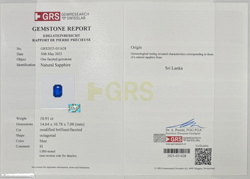 Natural Blue Sapphire – 10.90 Carats - GRS Certified - (H)